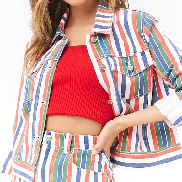 NWT FOREVER 21 Multicolor Stripe Denim Jacket - Picture 4 of 8